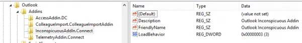 Outlook registry key for COM add-in