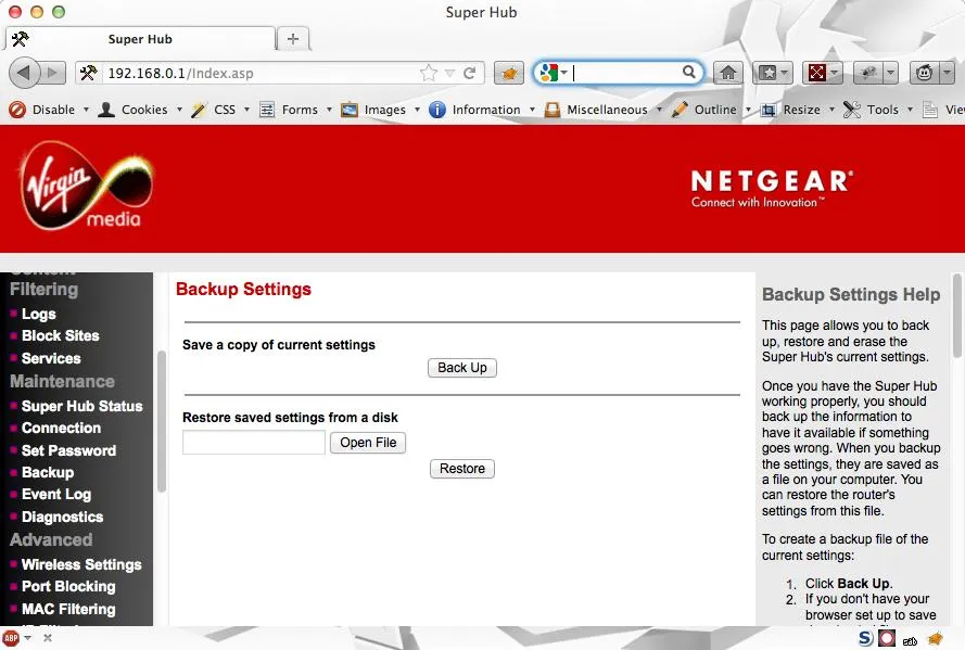 Virgin Media SuperHub configuration interface