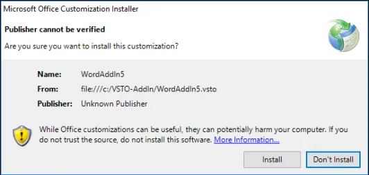VSTO installation popup