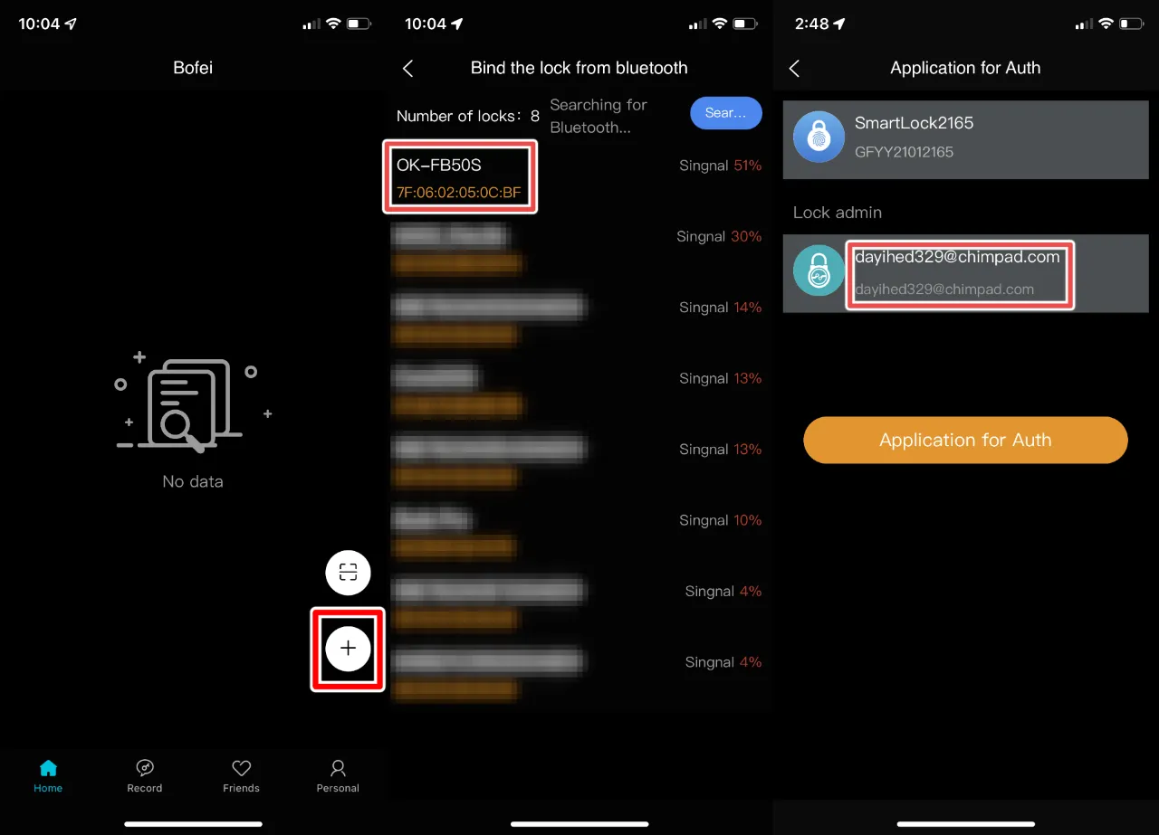 This image shows the application detecting a lock within range, and how the application revealed the username of locks&#x27; owners