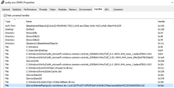 Process Hacker showing PuTTY named pipes