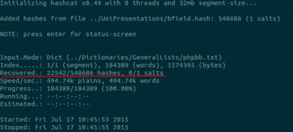 Hashcat results showing 22542/548686 hashes cracked