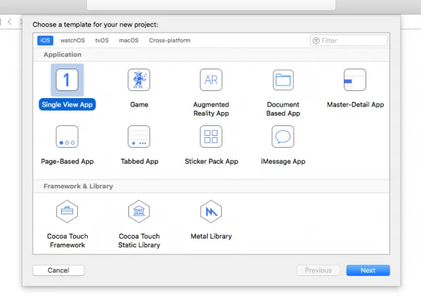 Xcode project creation screenshot