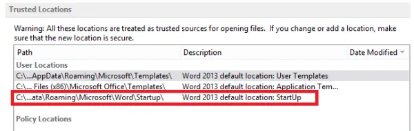 Word trusted locations
