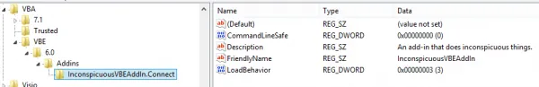 VBE registry key for add-in