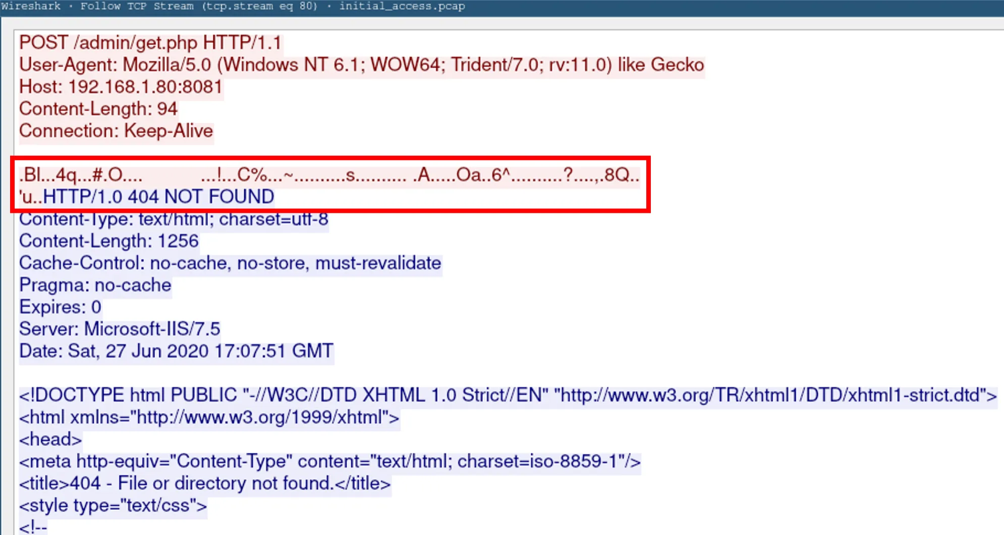 TCP stream showing encrypted data
