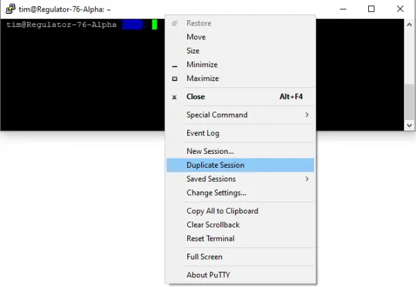 PuTTY context menu showing Duplicate Session option