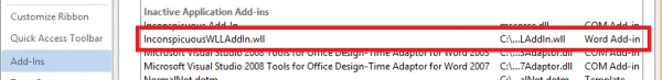 Word showing inactive add-in