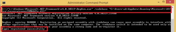 Using regasm to register COM add-in