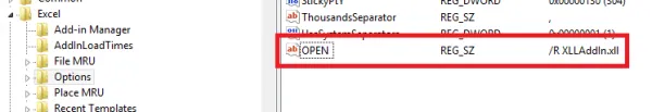 Excel registry key for XLL add-in