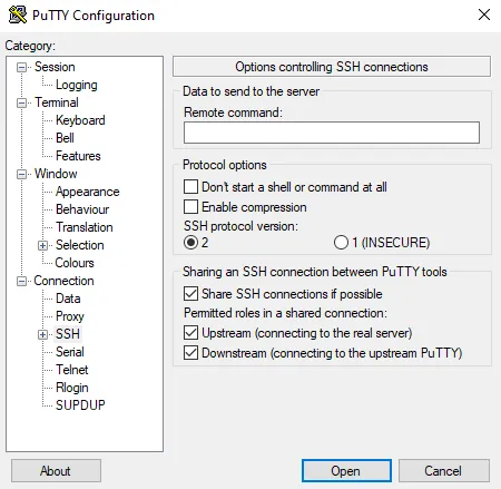PuTTY configuration window showing SSH connection sharing option
