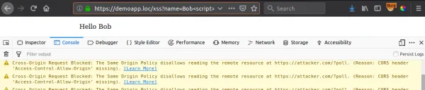 Screenshot showing CORS error