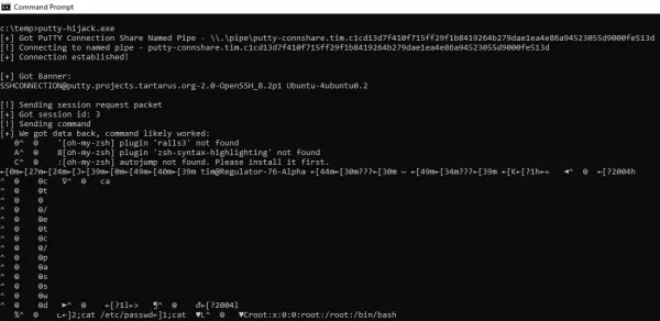 Example execution of the PuTTY session hijacking