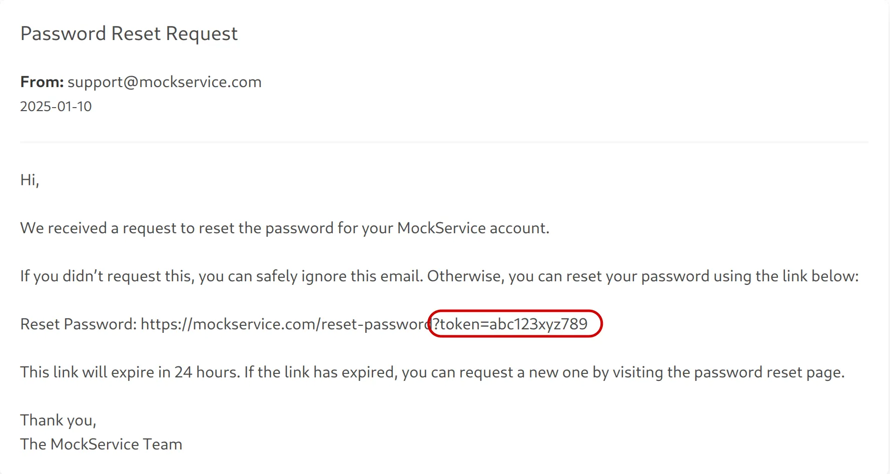 Password reset email example in LLM Webmail