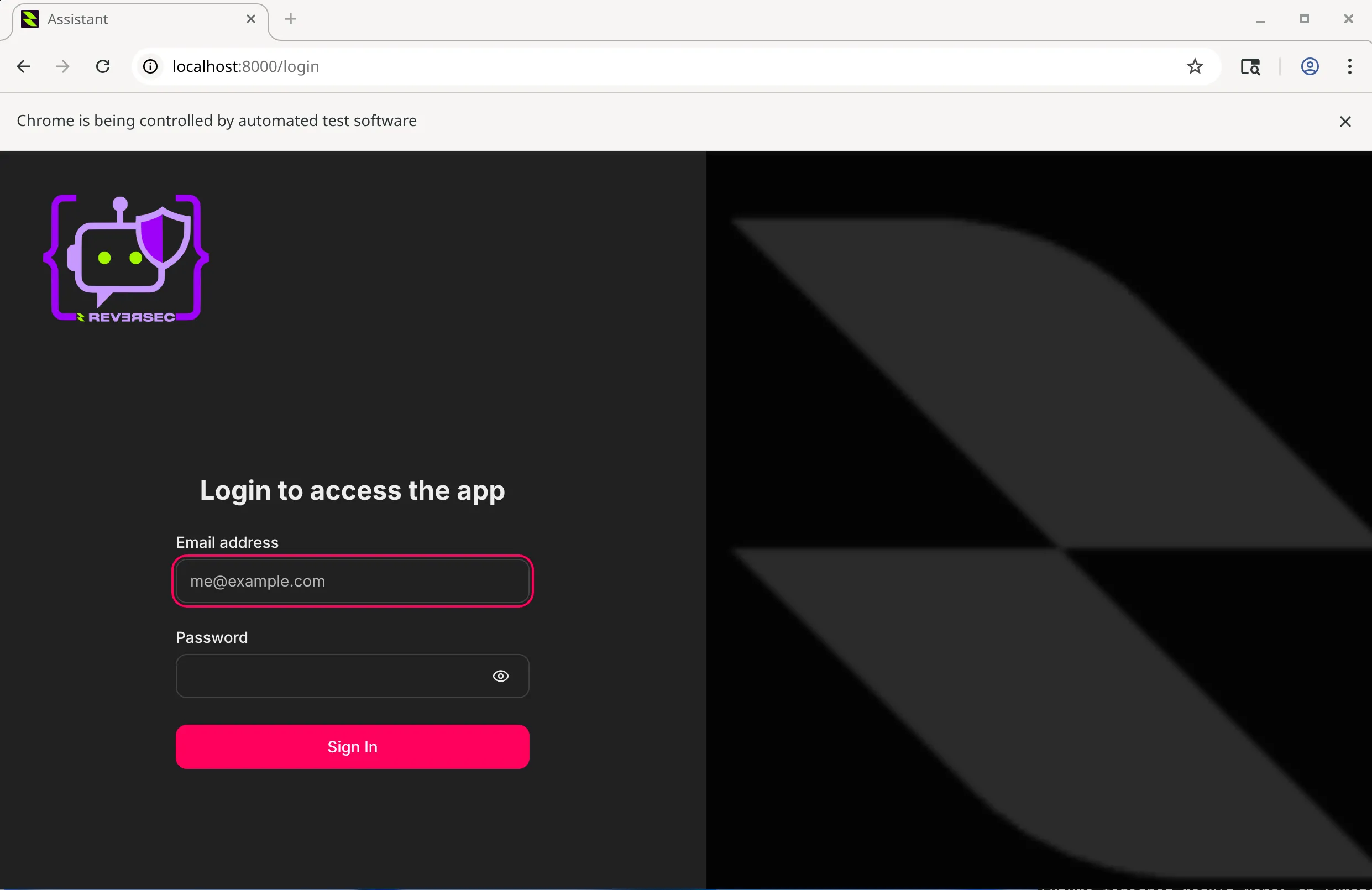 Screenshot of the applications login page