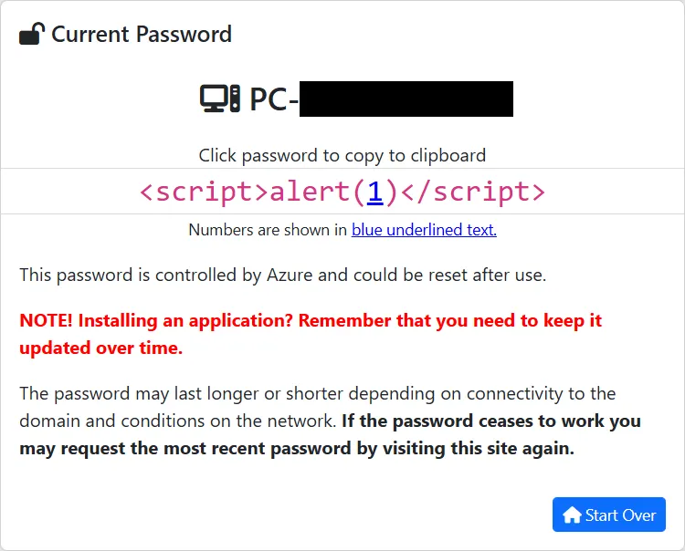 LAPSWebUI showing the password "<script>alert(1)</script>"